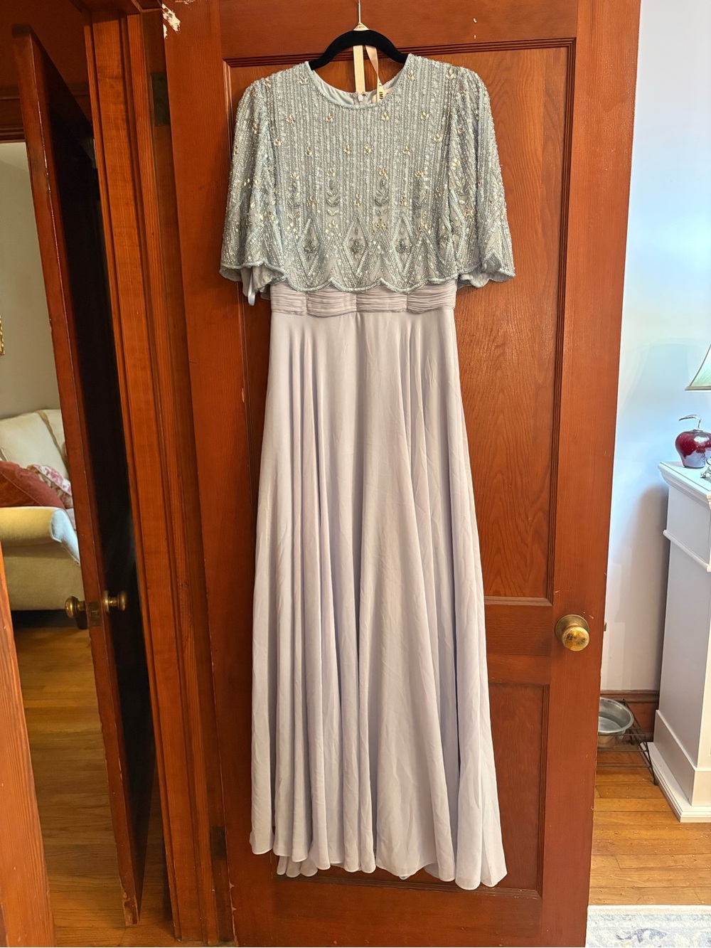 Mac Duggar Elegant Beaded Cape-Top Maxi Dress in Pale Powder Blue